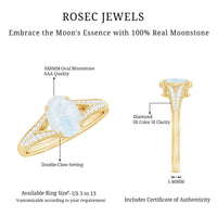 Oval cut moonstone solitaire engagement ring with diamond accents from Rosec Jewels, showcasing the elegant design and sparkling details.