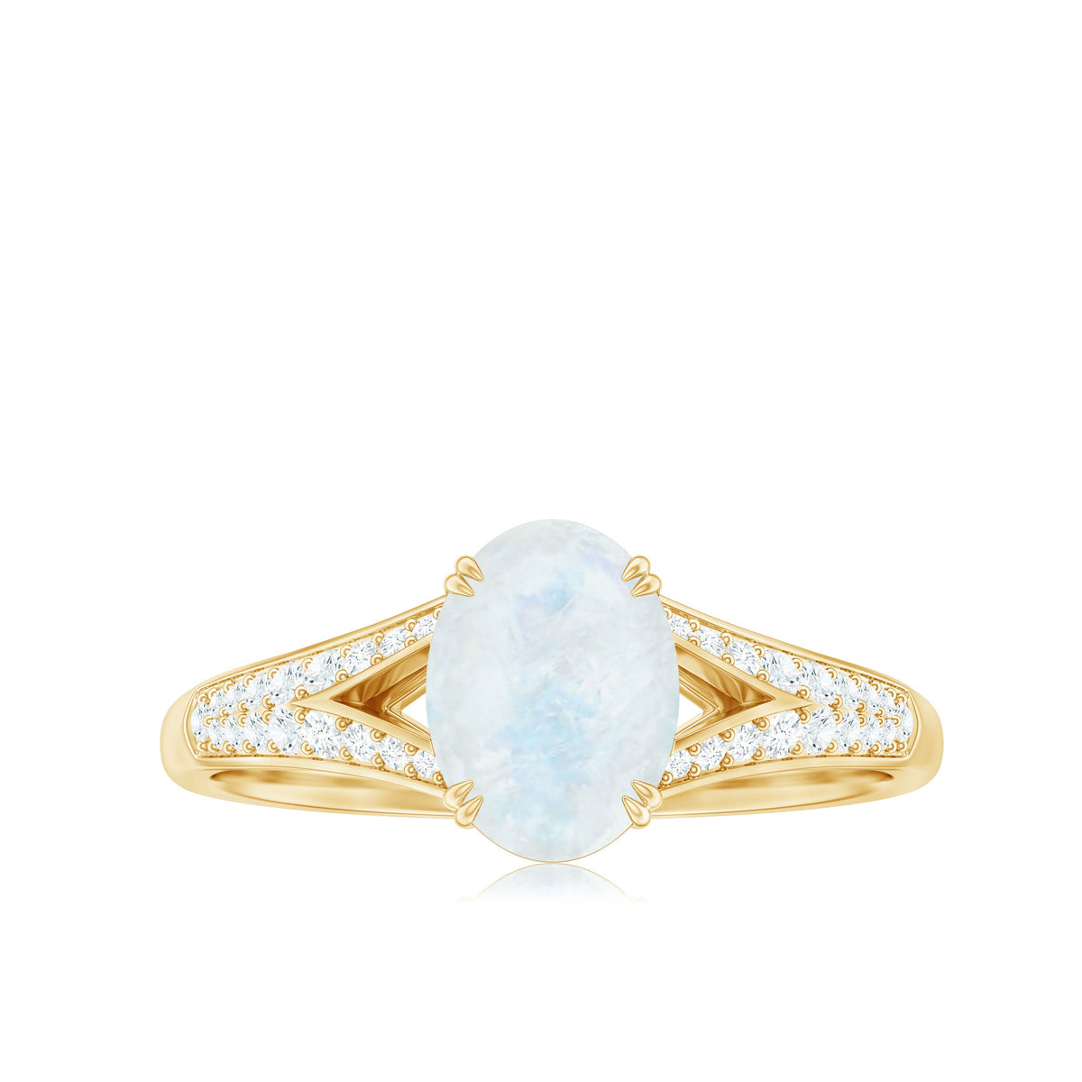 Oval cut moonstone solitaire engagement ring with 3/4 carat weight and diamond accents, featuring a rose gold band by Rosec Jewels.