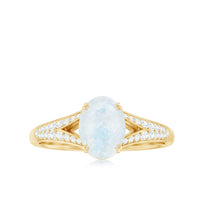 Oval cut moonstone solitaire engagement ring with 3/4 carat weight and diamond accents, featuring a rose gold band by Rosec Jewels.