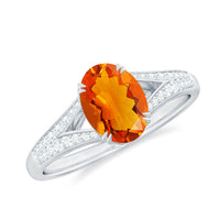 Oval 1 Carat fire opal engagement ring by Rosec Jewels with diamond split shank design, showcasing the vibrant gemstone and elegant band.