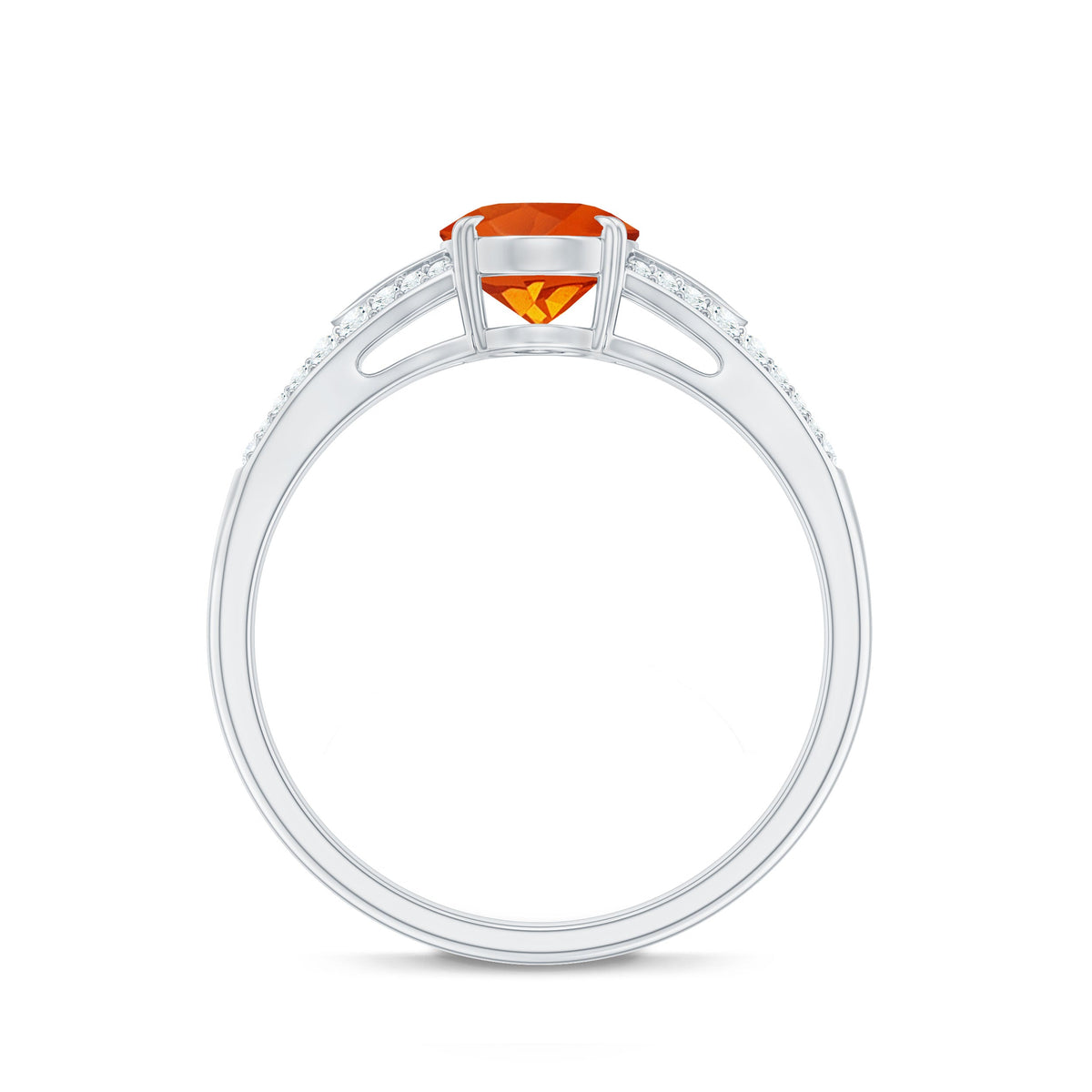 Oval 1 Carat Fire Opal engagement ring with diamond split shank by Rosec Jewels, showcasing the vibrant orange gemstone and elegant band.