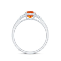 Oval 1 Carat Fire Opal engagement ring with diamond split shank by Rosec Jewels, showcasing the vibrant orange gemstone and elegant band.
