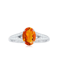 Oval 1 Carat Fire Opal engagement ring with diamond split shank by Rosec Jewels, showcasing a vibrant orange fire opal centerpiece.