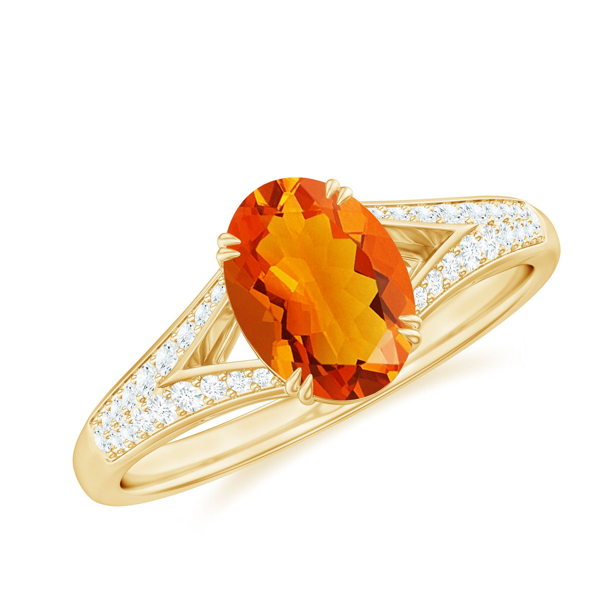 Oval 1 Carat Fire Opal engagement ring with diamond split shank by Rosec Jewels, showcasing the vibrant orange gemstone and elegant band.