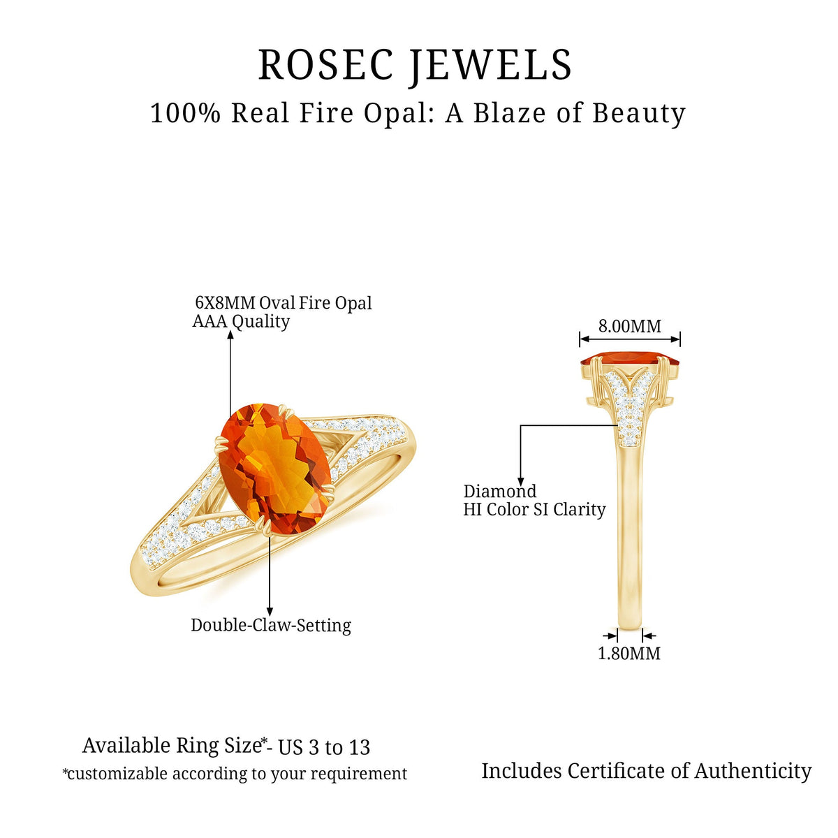Oval 1 Carat fire opal engagement ring with diamond split shank by Rosec Jewels featuring vibrant orange gemstone and sparkling diamonds.