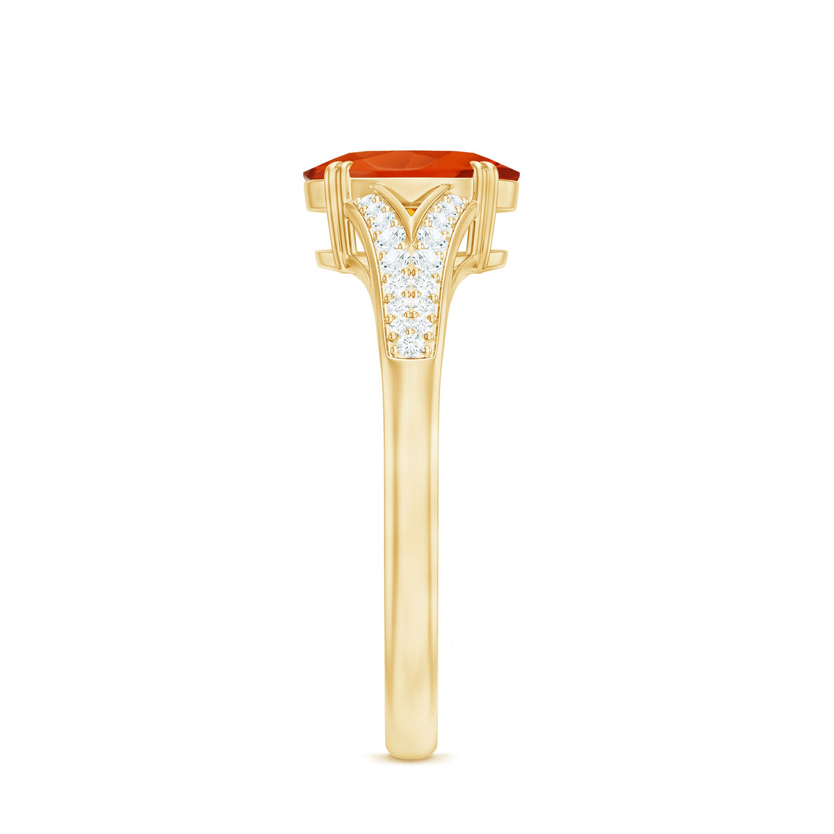 Oval 1 Carat Fire Opal engagement ring with diamond split shank by Rosec Jewels featuring a vibrant orange gemstone and sparkling accents.