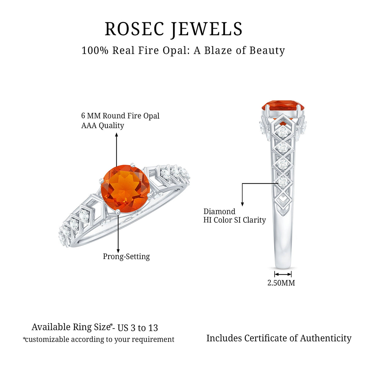 1 CT Solitaire Fire Opal and Diamond Art Deco Engagement Ring