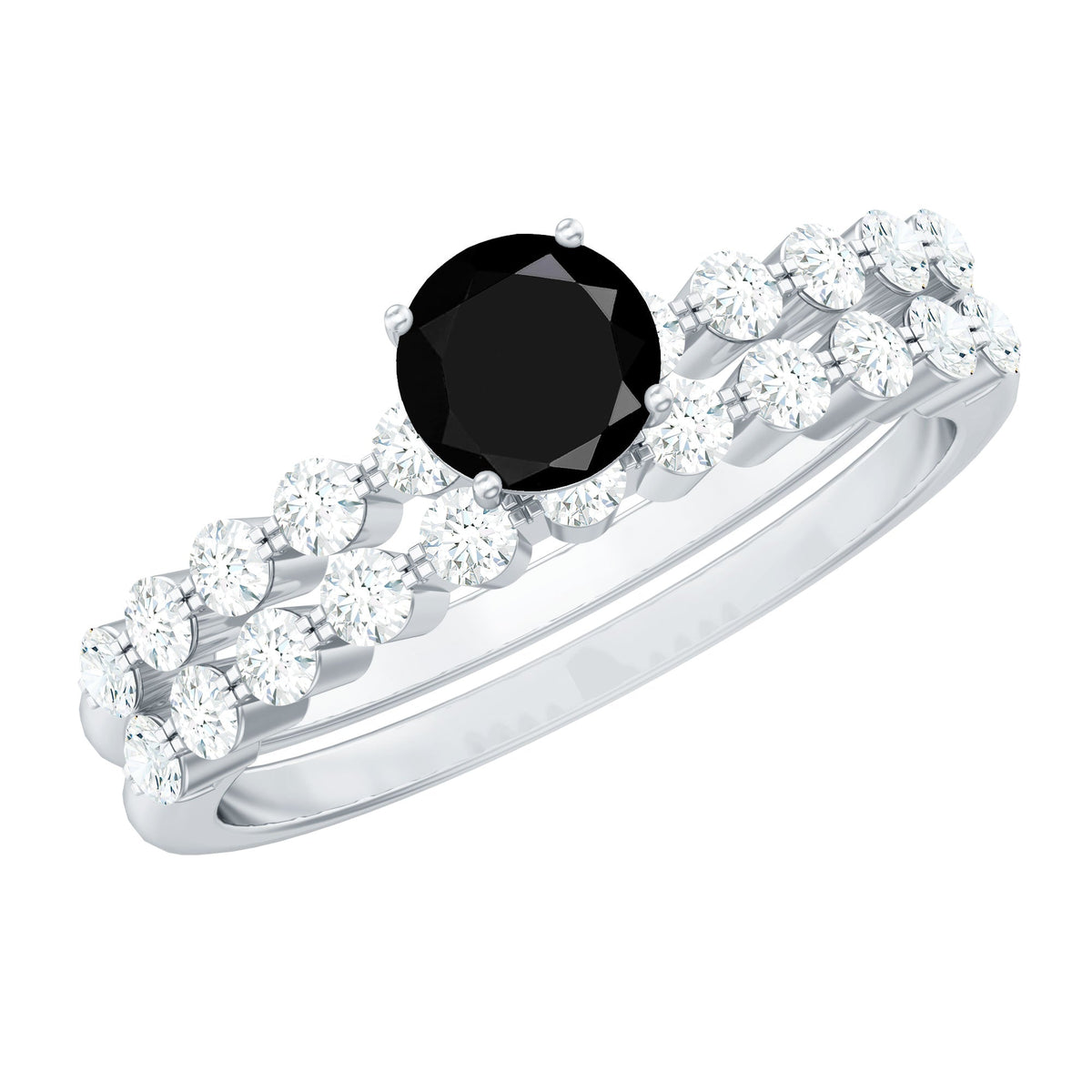 Round cut black onyx and diamond stacking wedding rings set by Rosec Jewels, featuring sleek black onyx with sparkling diamond accents.