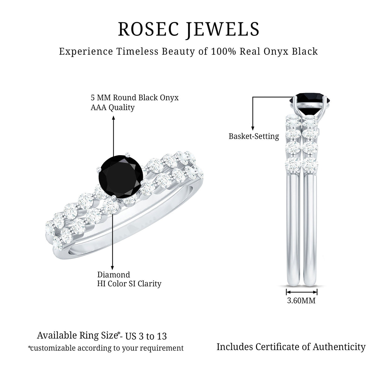 Stacking wedding rings set featuring black onyx and diamonds from Rosec Jewels, showing round cut stones and intricate band details.