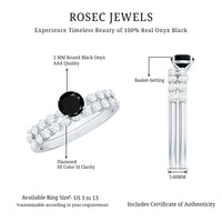 Stacking wedding rings set featuring black onyx and diamonds from Rosec Jewels, showing round cut stones and intricate band details.