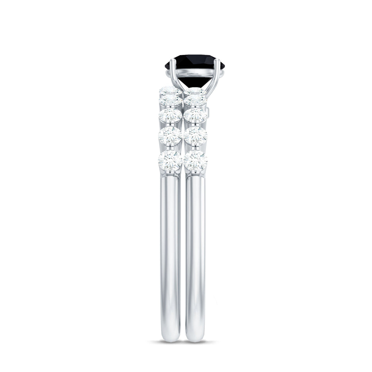 Round cut black onyx and diamond stacking wedding rings set by Rosec Jewels, featuring sleek black onyx with sparkling diamonds.