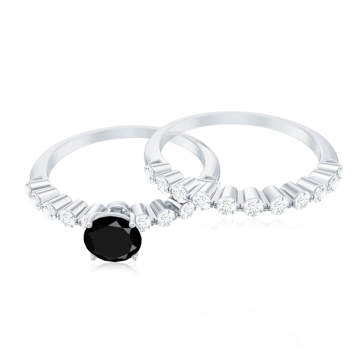 Round cut black onyx and diamond stacking wedding rings set by Rosec Jewels, featuring elegant black onyx with sparkling diamonds.