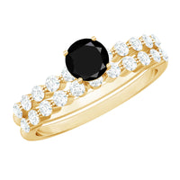 Round cut black onyx and diamond stacking wedding rings set by Rosec Jewels, featuring sleek black onyx with sparkling diamonds.
