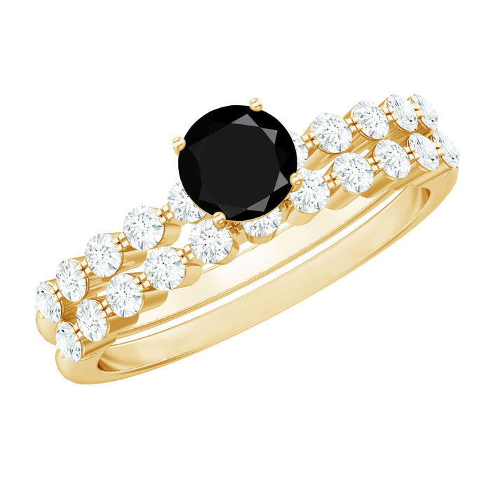 Round cut black onyx and diamond stacking wedding rings set by Rosec Jewels, featuring sleek black onyx with sparkling diamonds.