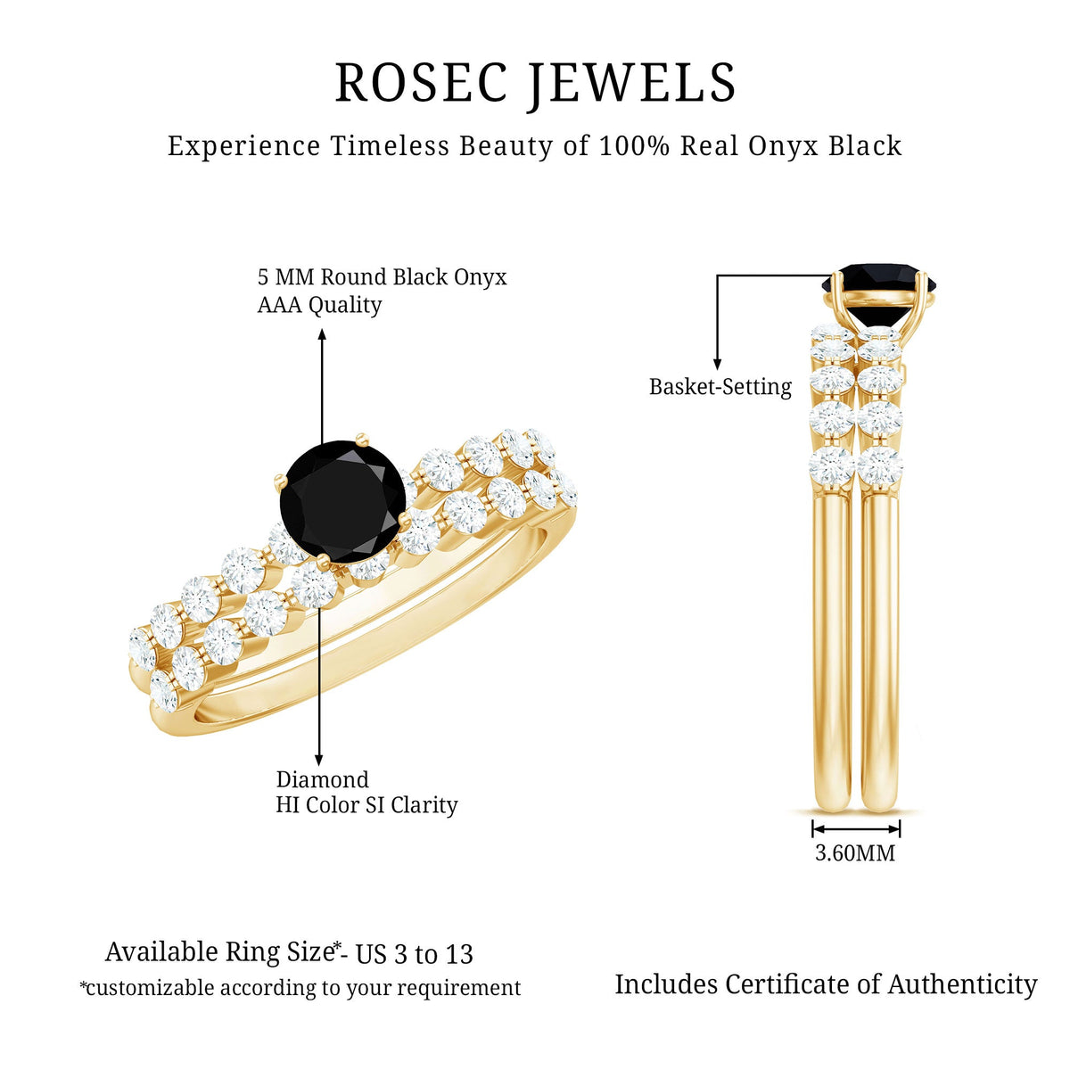 Stacking wedding rings set featuring black onyx and diamonds, with round cut stones in a sleek, elegant design by Rosec Jewels.