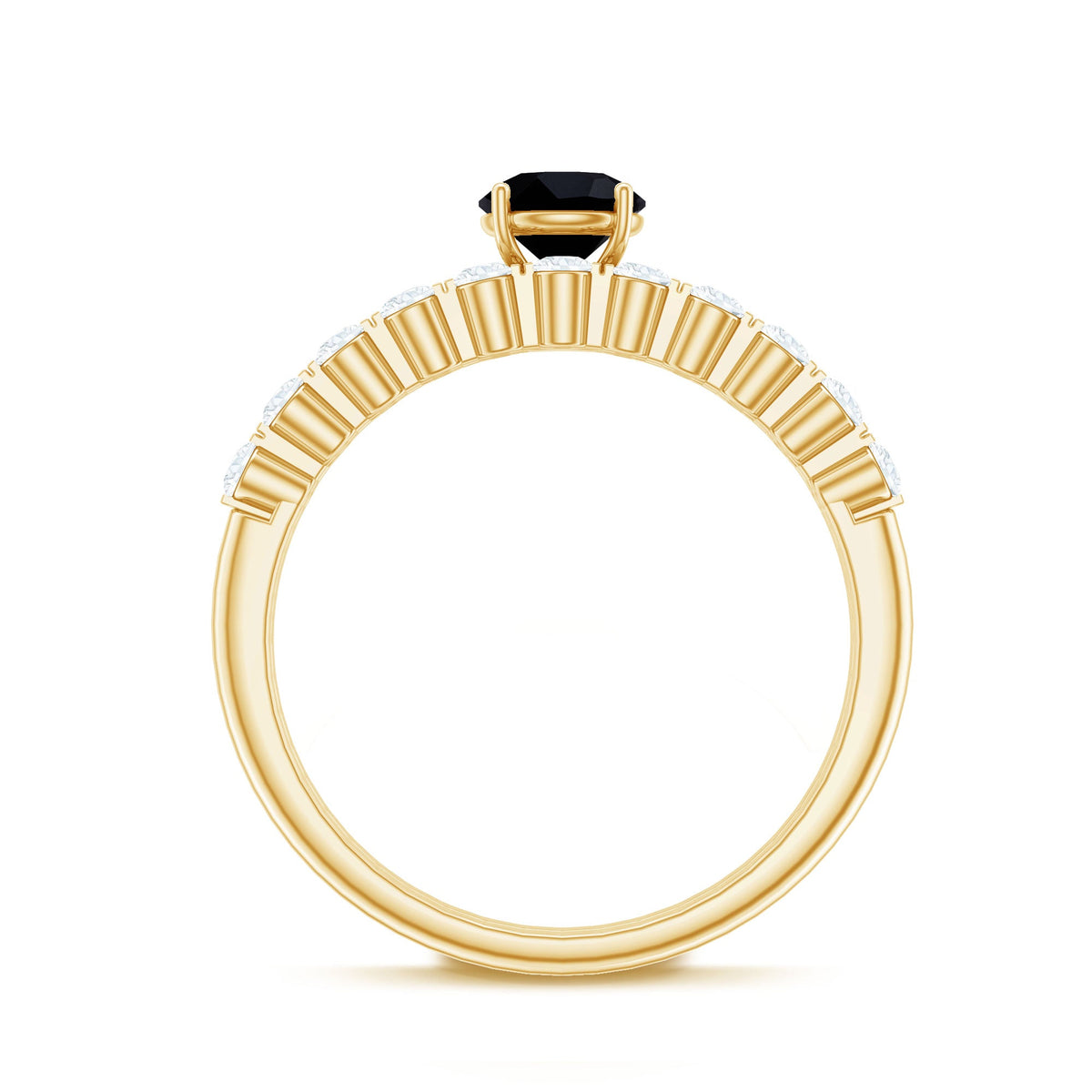 Round cut black onyx and diamond stacking wedding rings set by Rosec Jewels, featuring black onyx and sparkling diamonds.