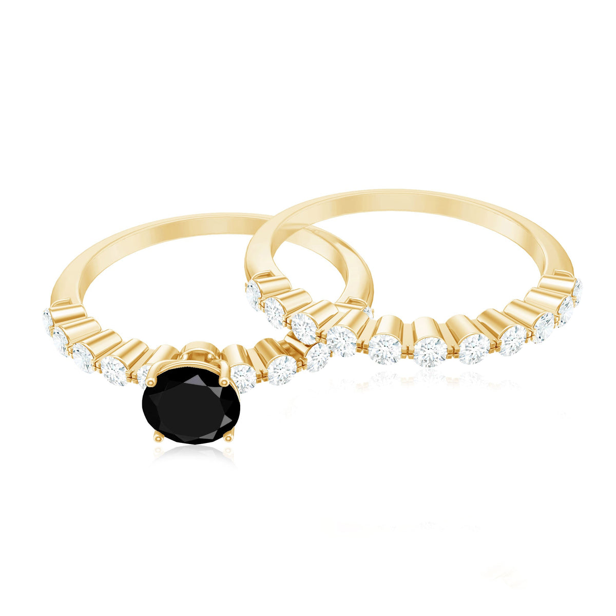 Stacked black onyx and diamond wedding rings set featuring round cut stones, crafted by Rosec Jewels, showcasing elegant jewelry design.