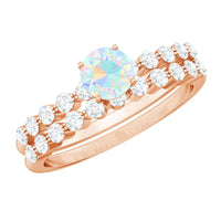 Pair of natural Ethiopian opal and diamond wedding engagement rings set by Rosec Jewels, featuring sparkling gemstones and elegant design.
