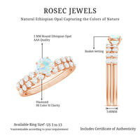 Pair of natural Ethiopian opal and diamond wedding engagement rings from Rosec Jewels, featuring elegant, handcrafted design.