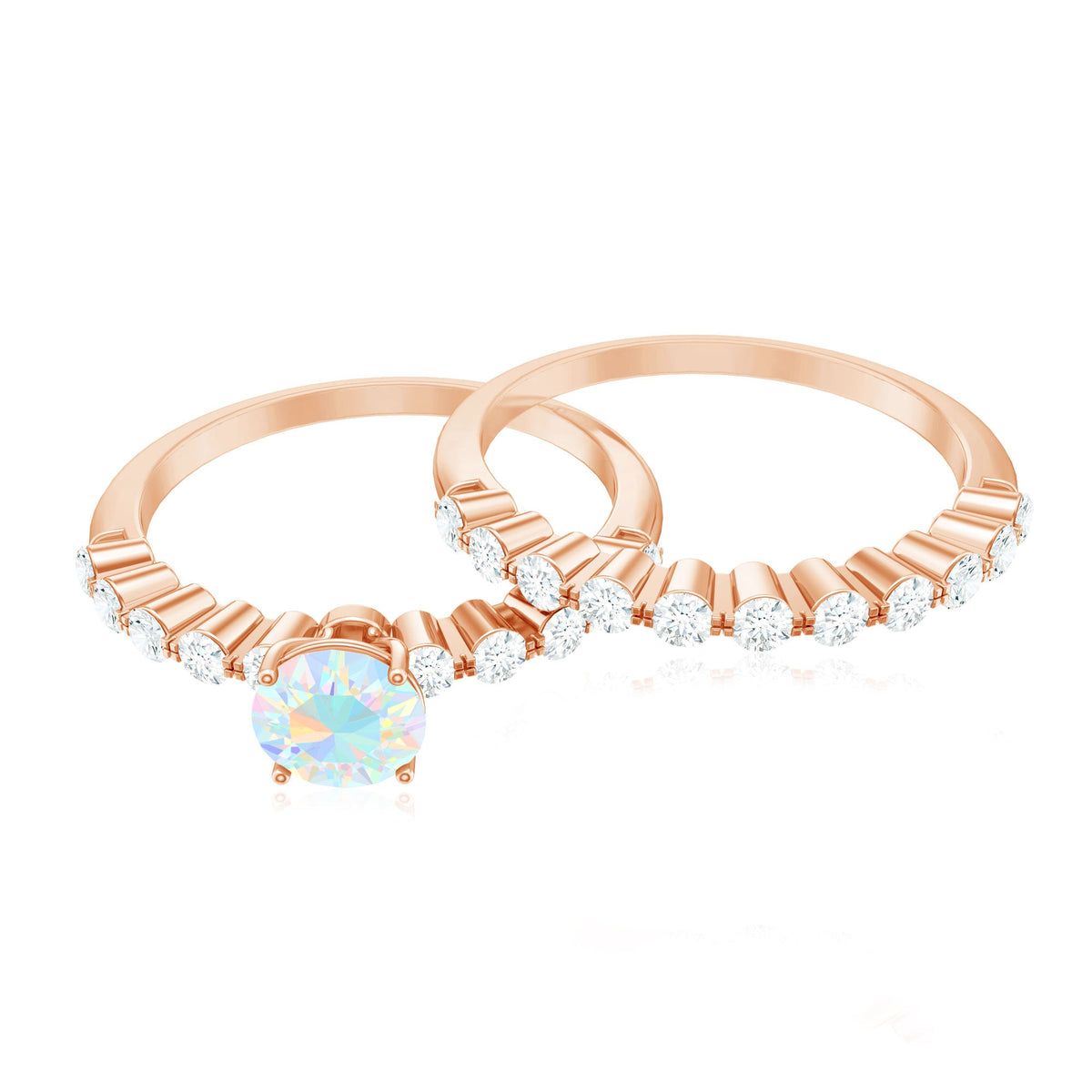 Pair of natural Ethiopian opal diamond wedding engagement rings set from Rosec Jewels featuring sparkling gemstone accents.
