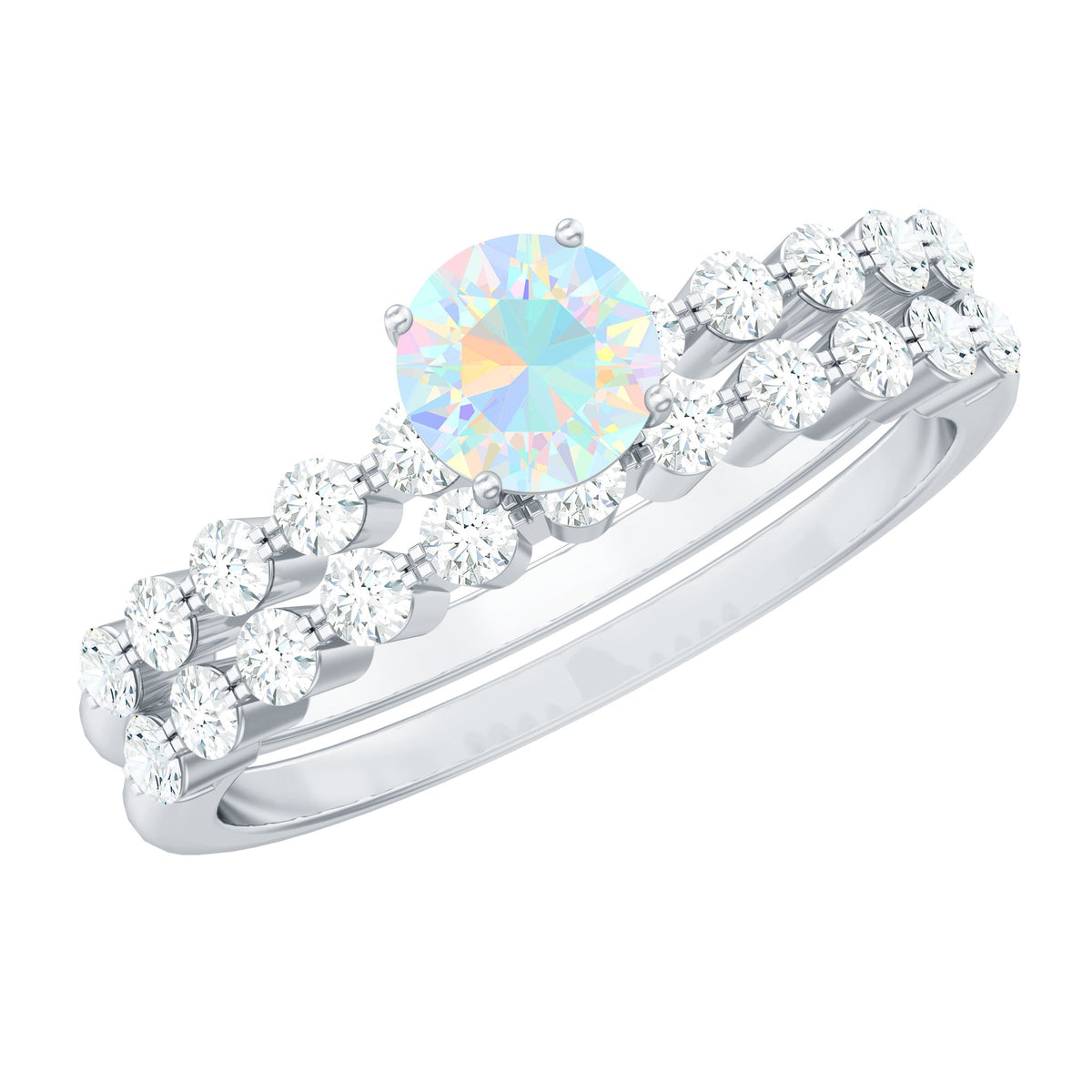 Certified natural Ethiopian opal diamond wedding engagement ring set featuring two elegant rings by Rosec Jewels.