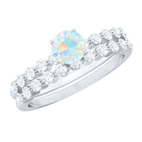 Certified natural Ethiopian opal diamond wedding engagement ring set featuring two elegant rings by Rosec Jewels.