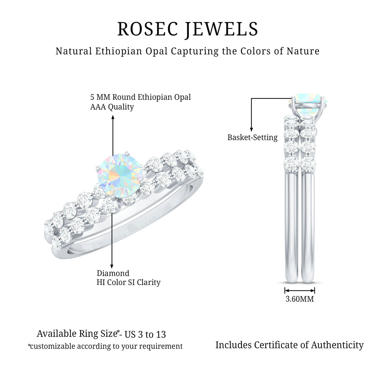 Pair of certified natural Ethiopian opal diamond wedding engagement rings by Rosec Jewels, featuring elegant designs and sparkling gemstones.