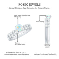 Pair of certified natural Ethiopian opal diamond wedding engagement rings by Rosec Jewels, featuring elegant designs and sparkling gemstones.