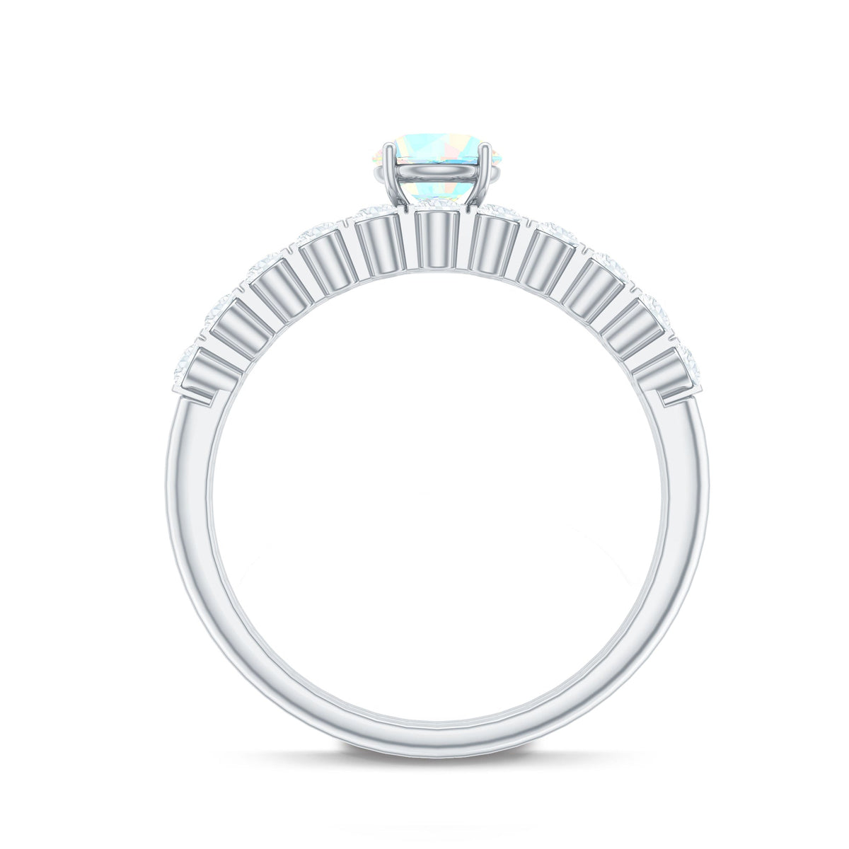 Pair of wedding engagement rings featuring natural Ethiopian opal and diamond accents by Rosec Jewels