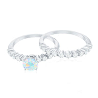 Pair of natural Ethiopian opal and diamond wedding engagement rings set by Rosec Jewels, featuring elegant band designs.