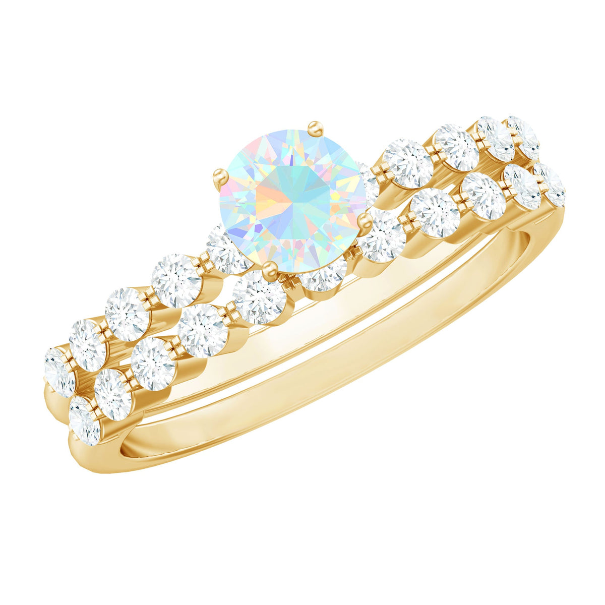 Certified natural Ethiopian opal and diamond wedding engagement ring set featuring elegant rings from Rosec Jewels.