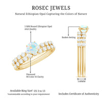 Pair of natural Ethiopian opal diamond wedding engagement rings from Rosec Jewels, featuring sparkling gemstones and elegant band designs.