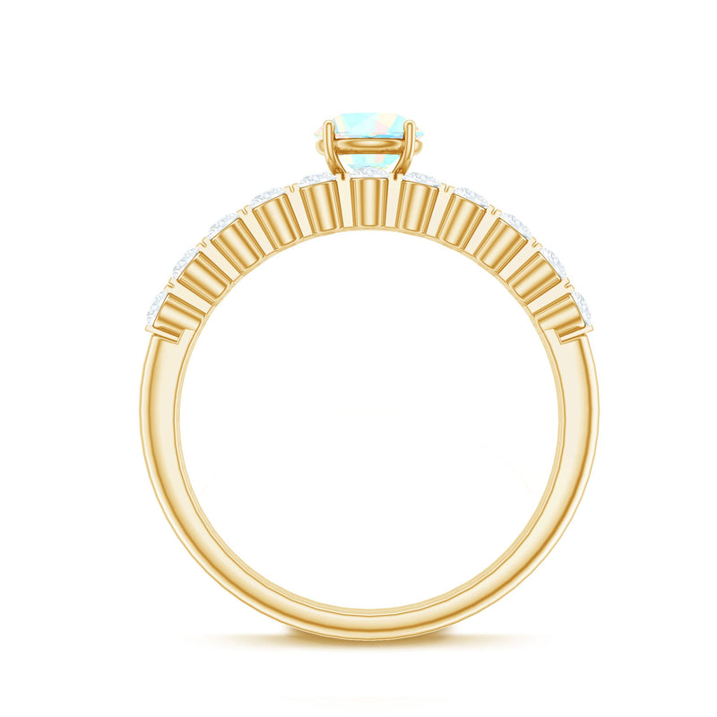 Certified natural Ethiopian opal diamond wedding engagement ring set with two elegant rings by Rosec Jewels displayed on a white background.