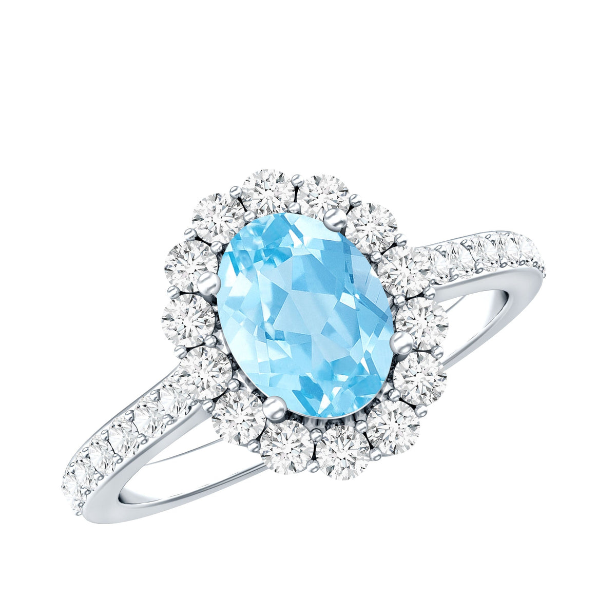 Oval 1-carat aquamarine halo engagement ring by Rosec Jewels with certificate, featuring a silver band and intricate halo design.