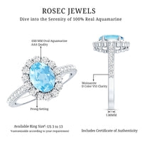 Oval shape aquamarine halo engagement ring with certificate from Rosec Jewels, featuring a 1-carat center stone and intricate design.