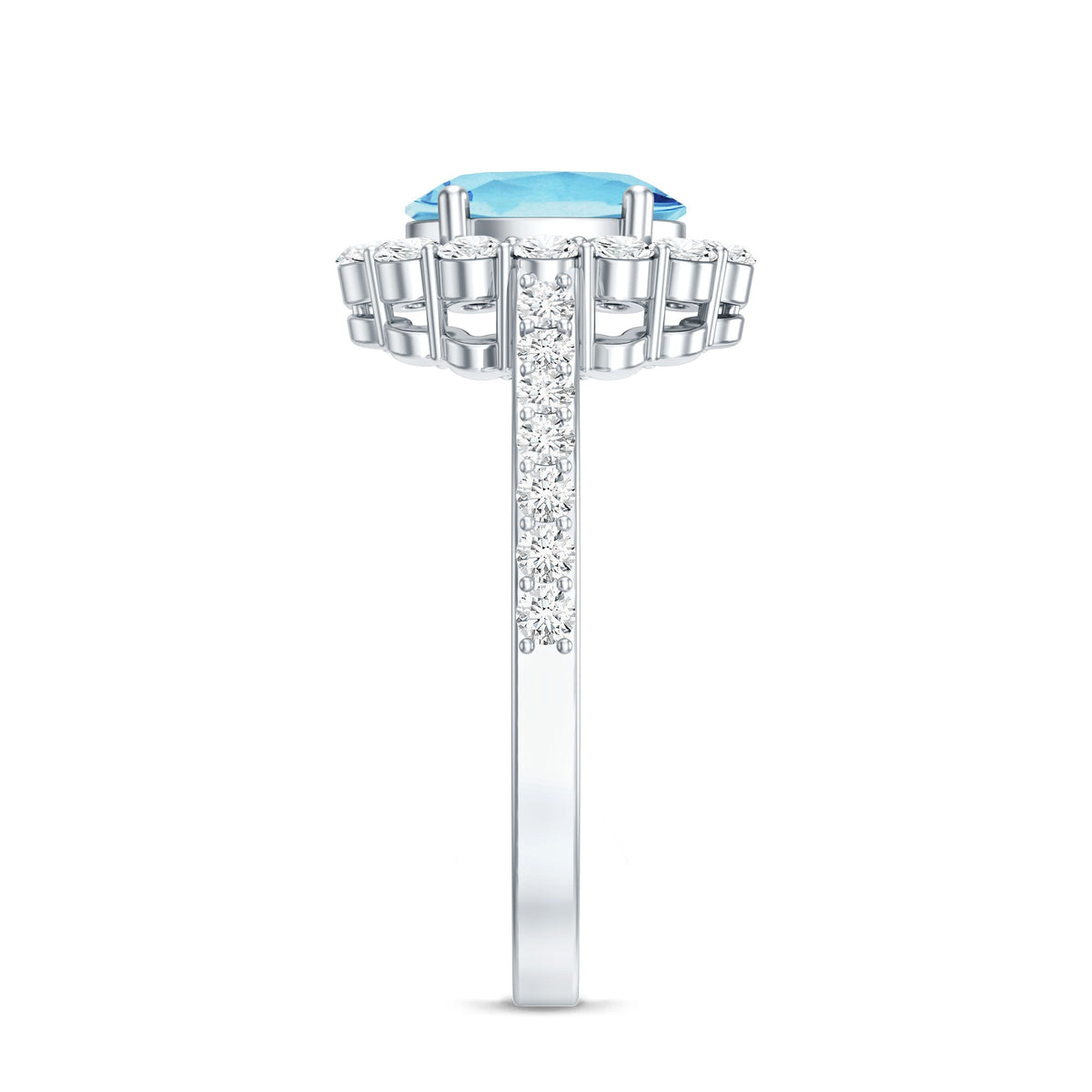 Oval 1-carat aquamarine halo engagement ring by Rosec Jewels, featuring a certificate and intricate metal band.