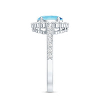 Oval 1-carat aquamarine halo engagement ring by Rosec Jewels, featuring a certificate and intricate metal band.
