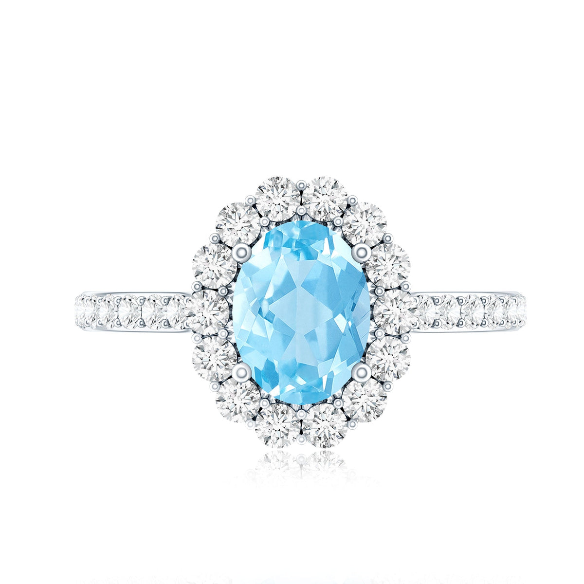 Oval shape aquamarine halo engagement ring with certificate by Rosec Jewels featuring a 1 carat gemstone and intricate halo design.