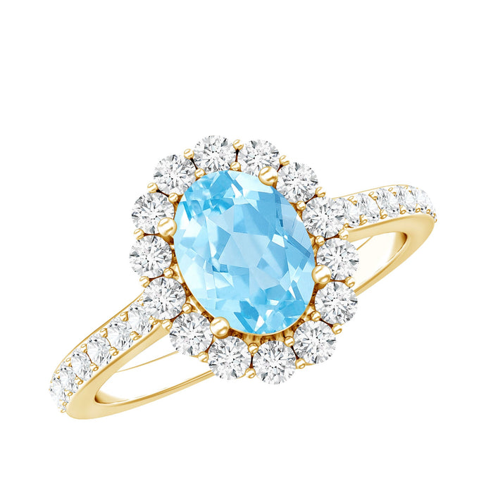 Oval shape aquamarine halo engagement ring with certificate, featuring a 1-carat center stone and intricate band design by Rosec Jewels.