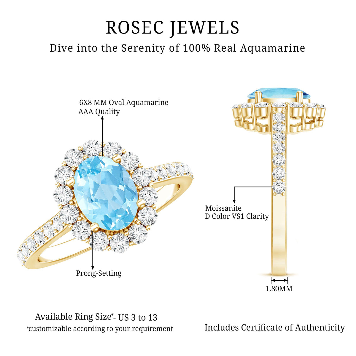 Oval 1 Carat aquamarine halo engagement ring by Rosec Jewels featuring a central gemstone with a sparkling halo design.