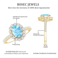 Oval 1 Carat aquamarine halo engagement ring by Rosec Jewels featuring a central gemstone with a sparkling halo design.