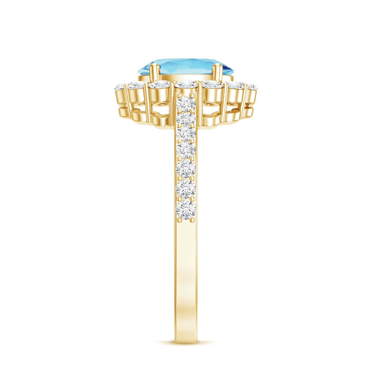 Oval shape aquamarine halo engagement ring with certificate, featuring a 1 carat center stone and intricate band design by Rosec Jewels.