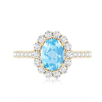 Oval-shaped aquamarine halo engagement ring with diamond accents from Rosec Jewels, featuring a 1-carat center stone and certificate.