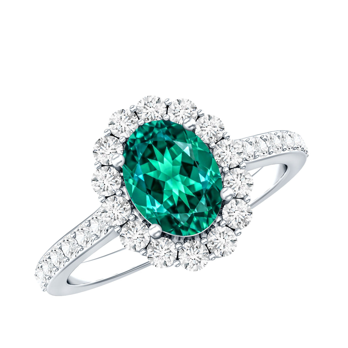 Oval lab-grown emerald halo engagement ring with diamond accents from Rosec Jewels displayed in the image.