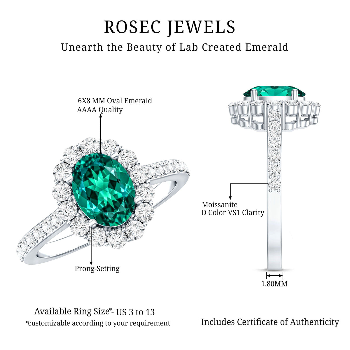 Certified 1.2 carat oval lab-grown emerald halo engagement ring by Rosec Jewels, featuring a sparkling green gemstone and elegant design.