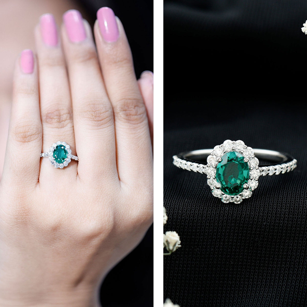 Oval lab-grown emerald halo engagement ring by Rosec Jewels with 1.2 carats, featuring a sparkling gemstone and elegant band.