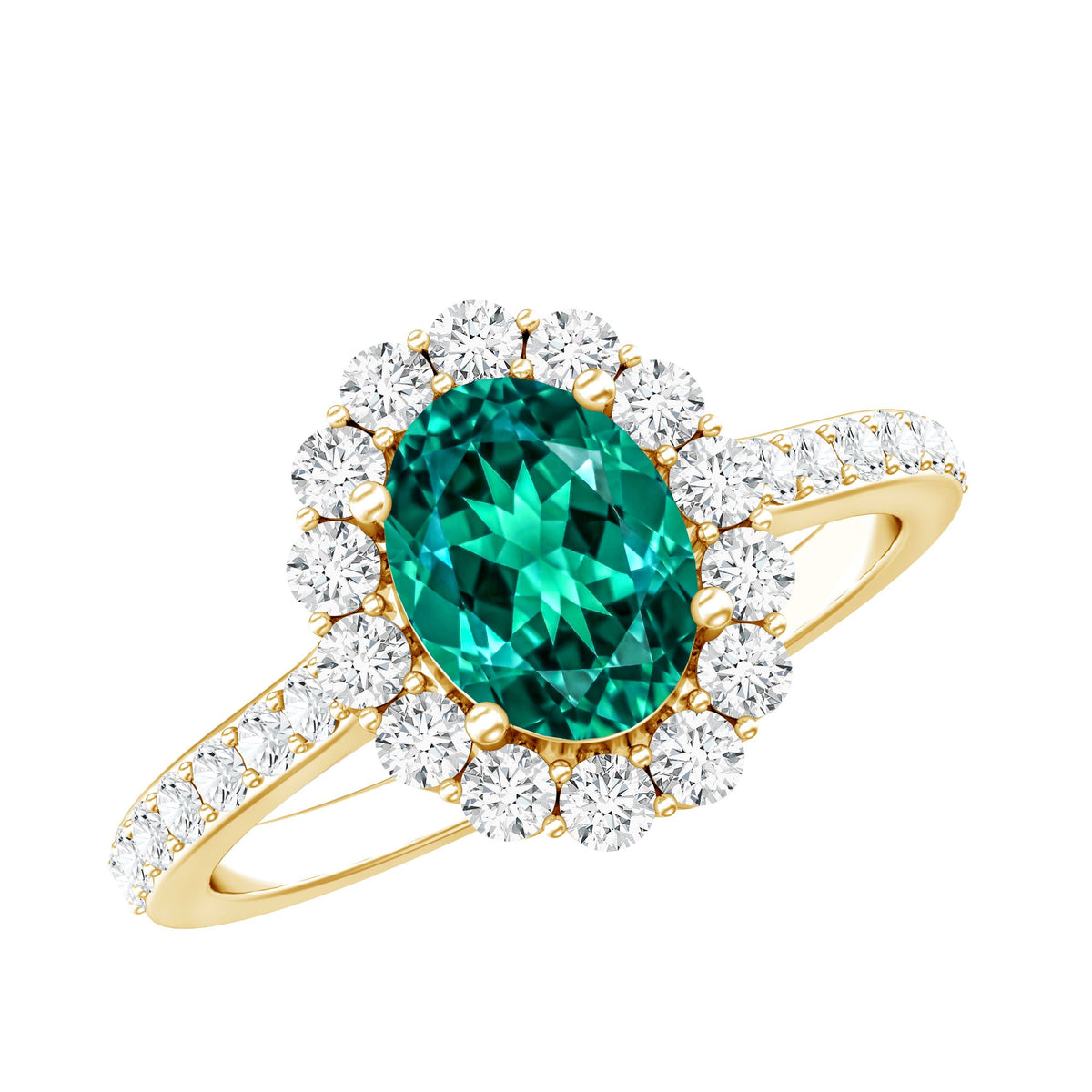 Oval lab-grown emerald halo engagement ring with 1.2 carats, set in a Rosec Jewels ring showcasing detailed craftsmanship.