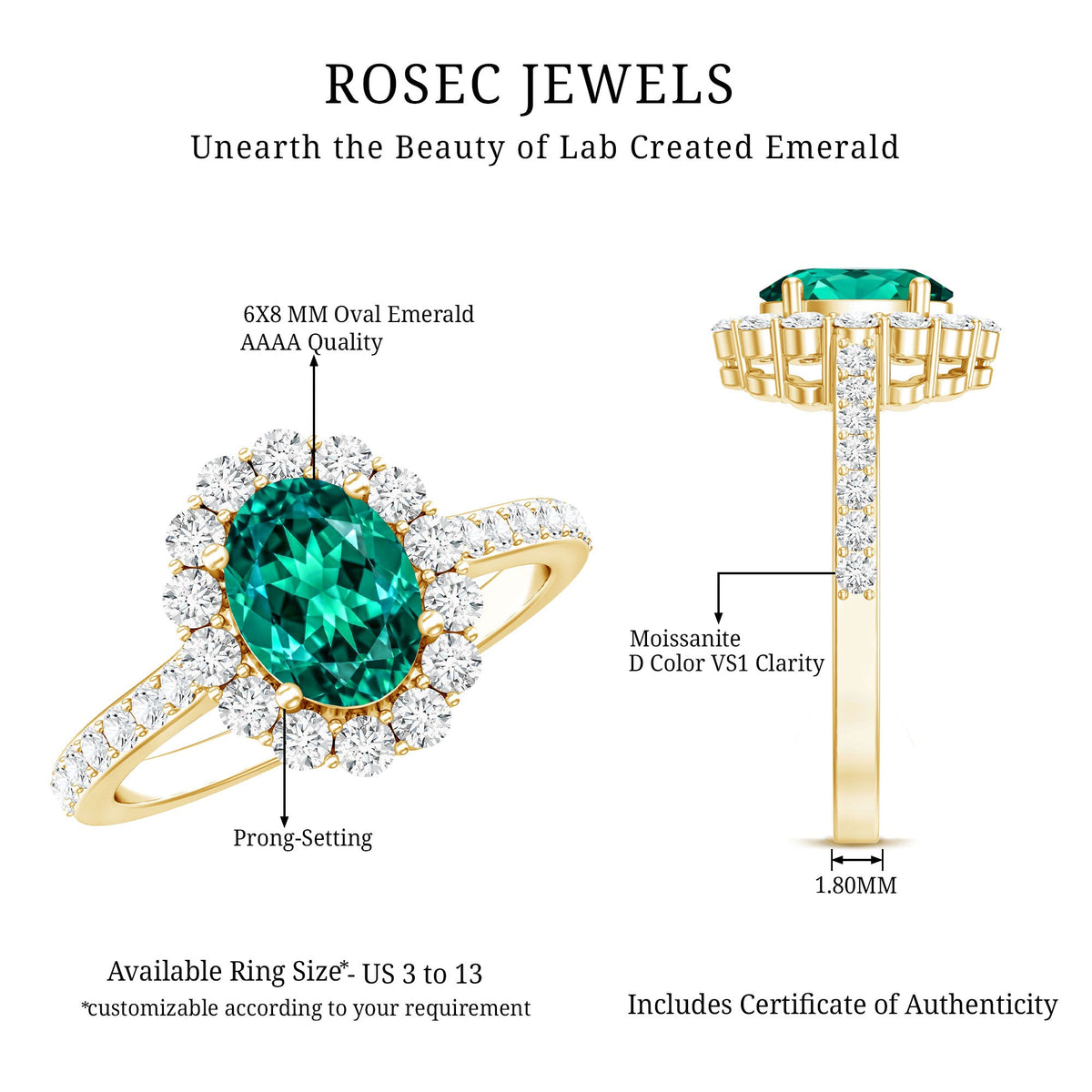 Oval lab-grown emerald halo engagement ring with diamond accents from Rosec Jewels, showcasing a 1.2-carat center stone.