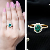 Oval lab-grown emerald halo engagement ring with 1.2 carats and diamond accents by Rosec Jewels, showcasing intricate design and sparkling stones.