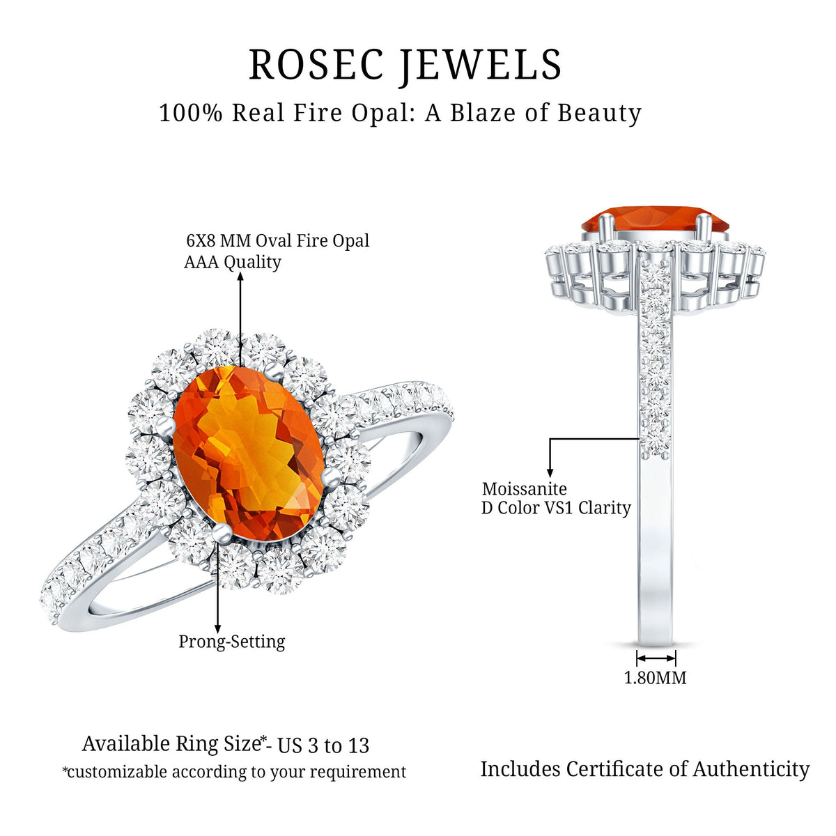 Orange fire opal oval engagement ring with moissanite from Rosec Jewels, showcasing the vibrant gemstone and elegant design.
